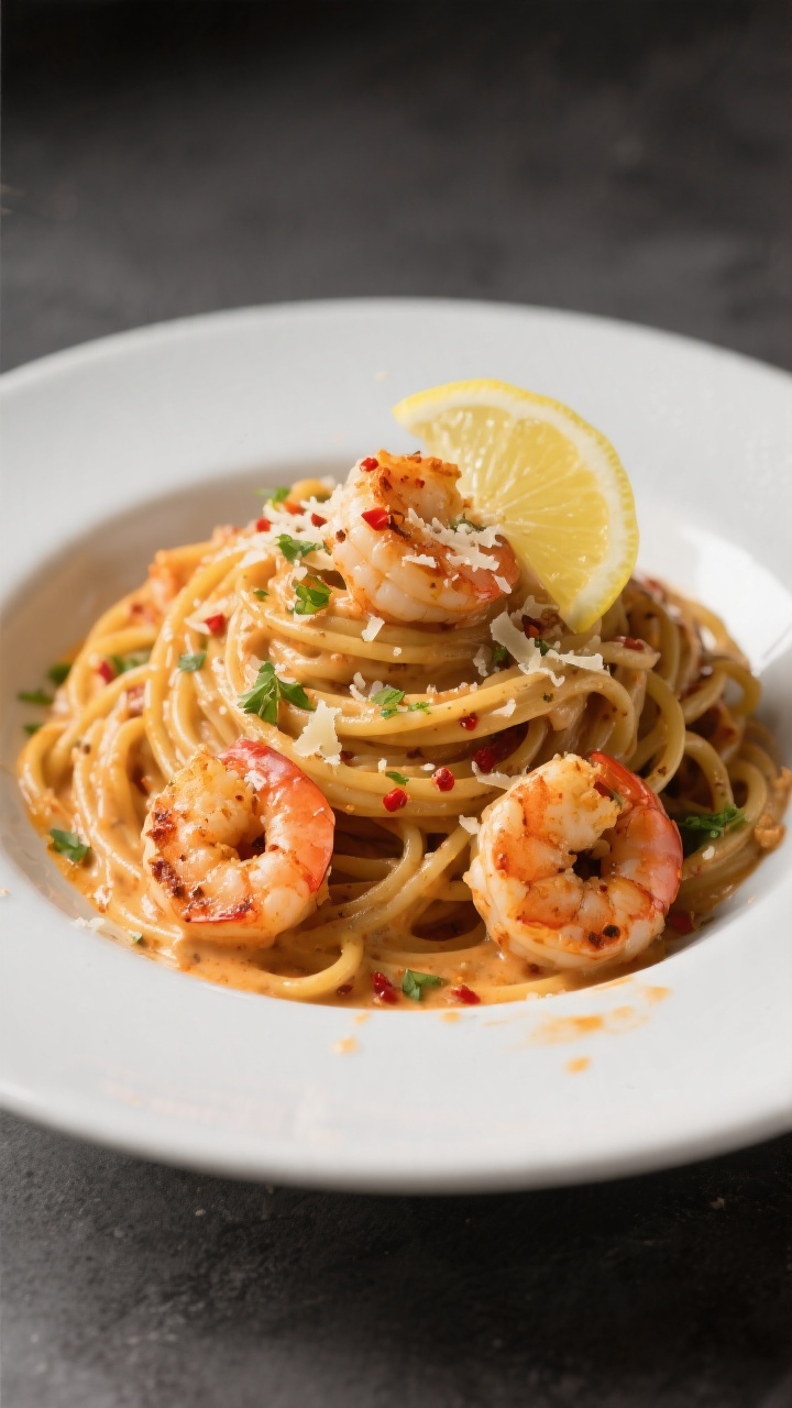 Final plated dish — restaurant-style twirl: Beautifully plated Cajun Shrimp Pasta (linguine) twirl