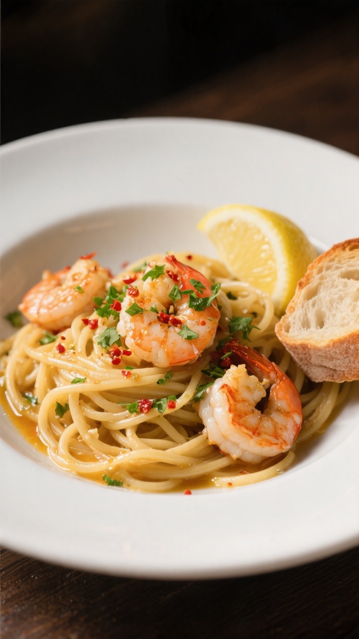 Final plated elegance: Beautifully plated garlic shrimp scampi over al dente linguine on a wide, whi