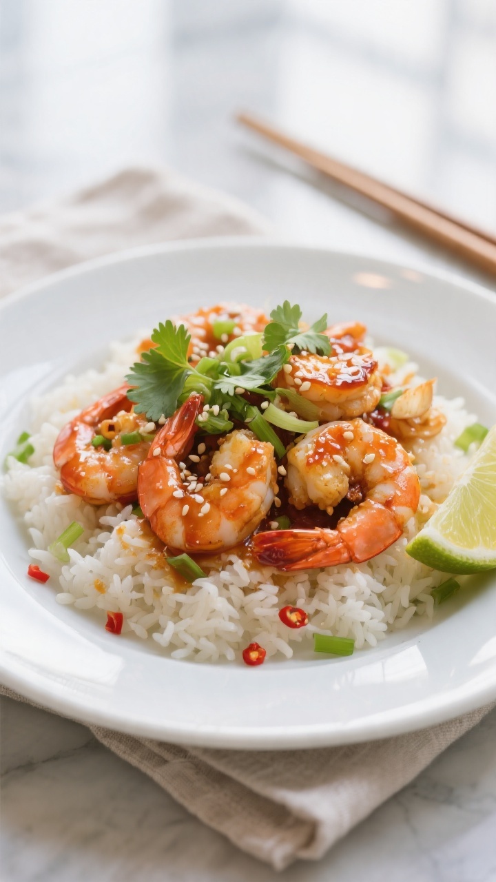 Final plated hero shot: Beautifully plated Sweet Chili Shrimp over fluffy jasmine rice on a wide whi