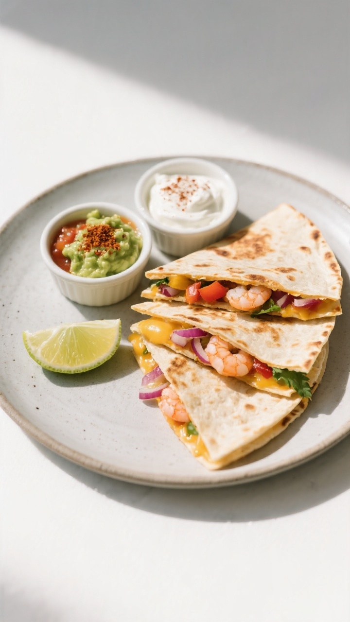 Final plated hero: Sliced shrimp quesadilla wedges stacked slightly offset on a matte ceramic plate,