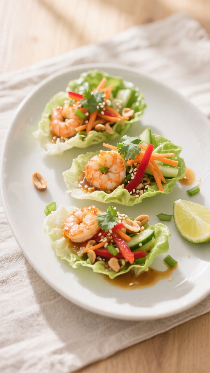 Final plated lettuce wraps — vibrant, restaurant-quality: Three assembled shrimp lettuce wraps on 