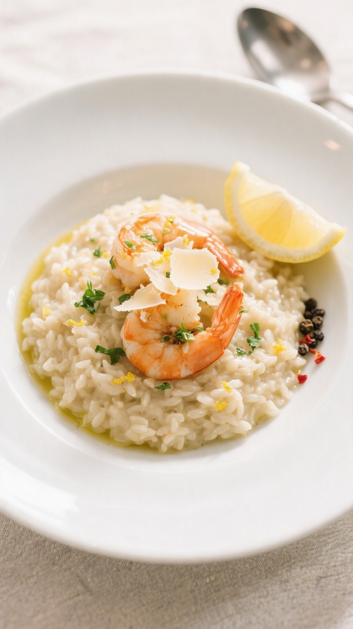 Final plated, overhead: Elegant top-down shot of creamy shrimp risotto softly mounded in a wide whit