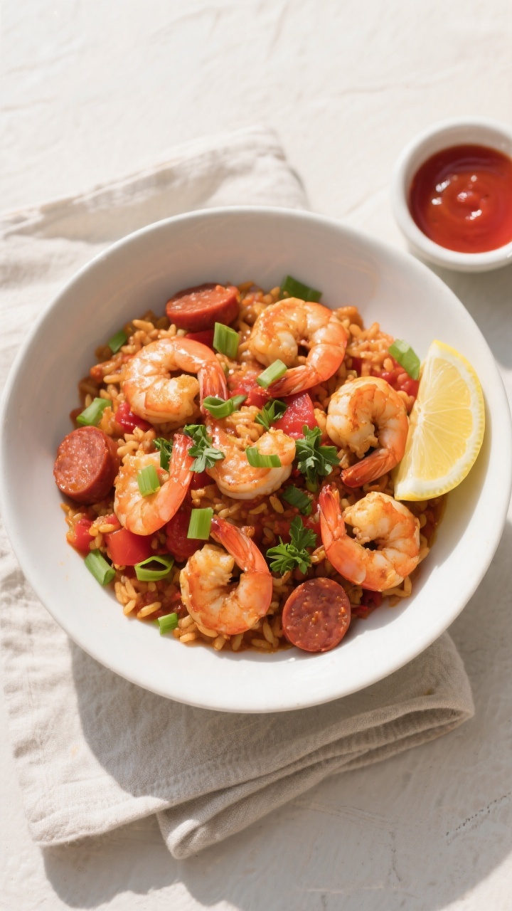 Final plated overhead: Tasty top view of a bowl of shrimp jambalaya, vibrant reds and golds from the