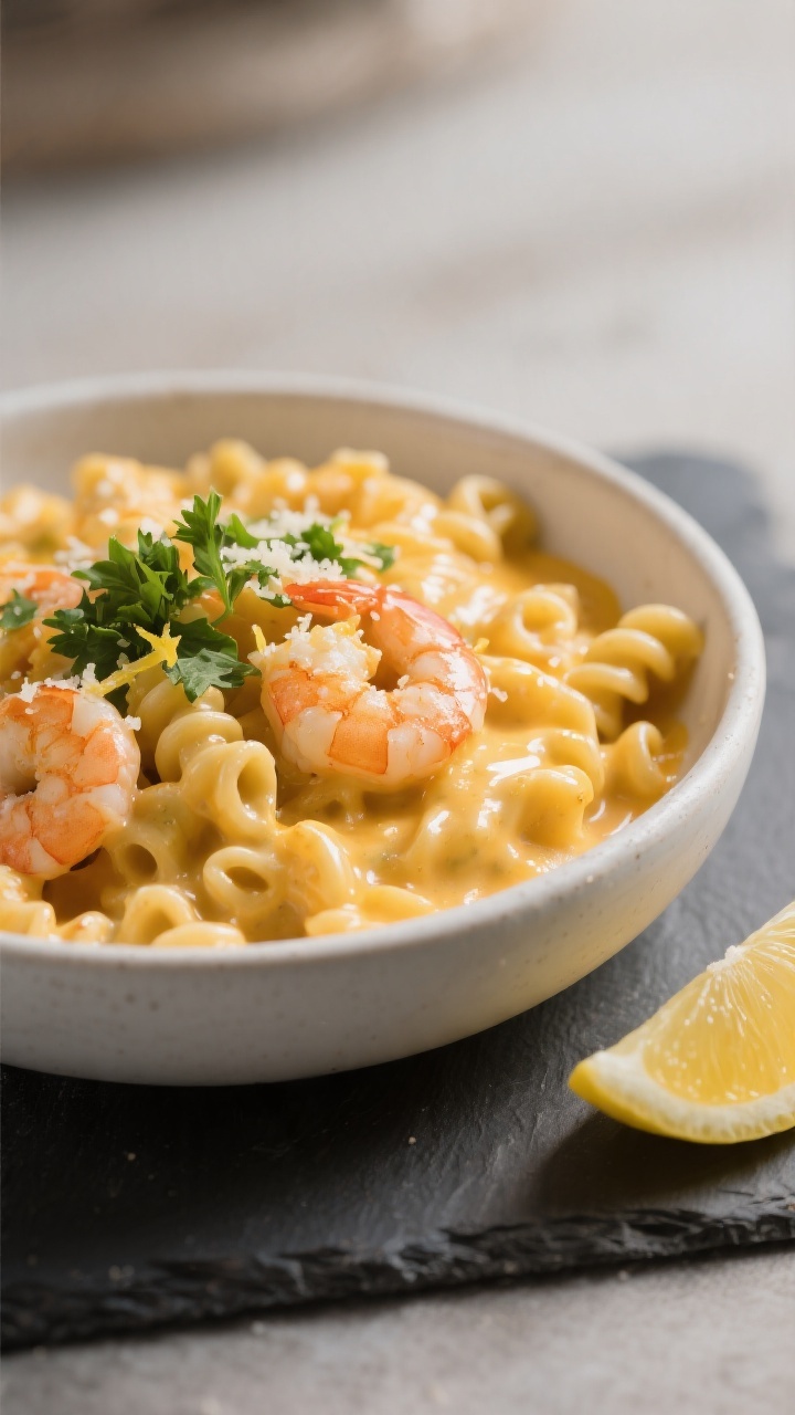 Final plated presentation: Restaurant-quality bowl of creamy shrimp mac and cheese served in a matte