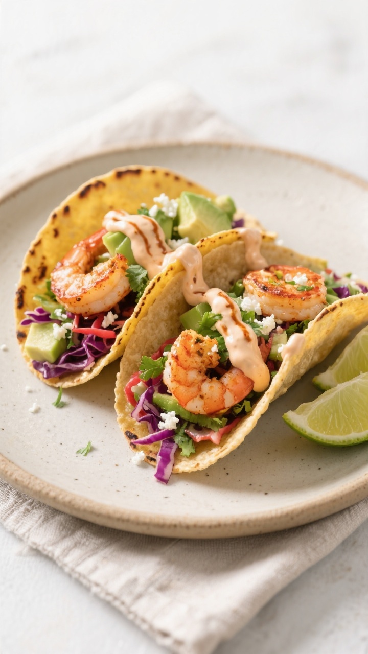 Final plated tacos beauty shot: Two assembled spicy shrimp tacos on warm, lightly charred corn torti