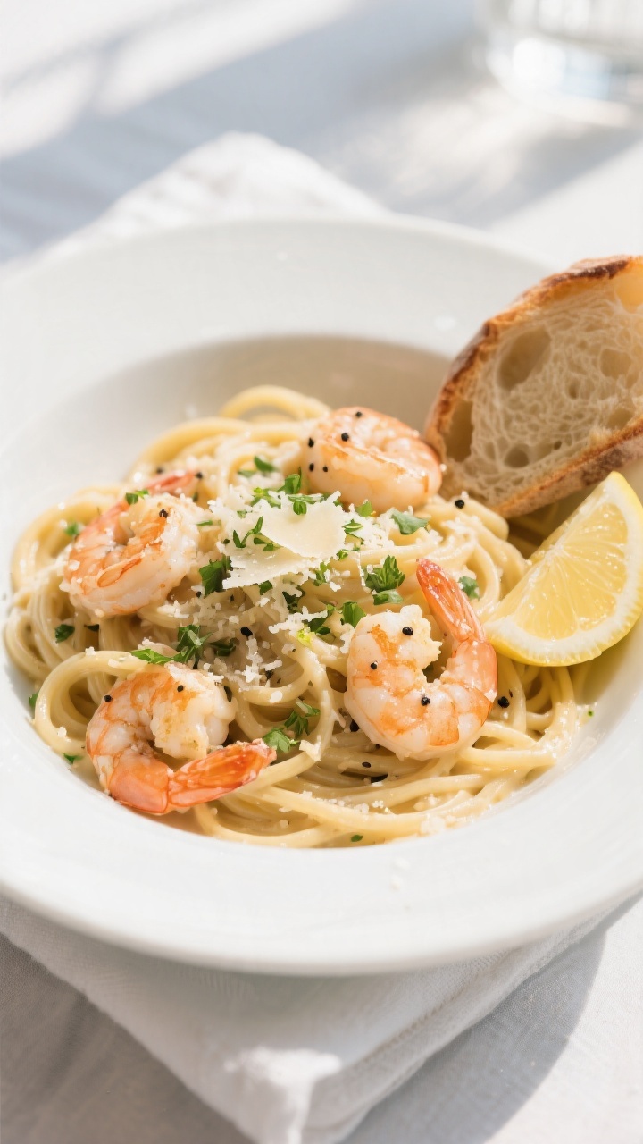 Final plated, tasty top view: Overhead shot of Creamy Garlic Parmesan Shrimp twirled over al dente l