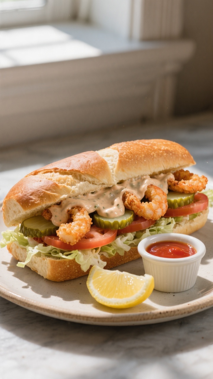 Final sandwich hero shot: Shrimp Po’ Boy assembled on warm, split New Orleans–style French bread