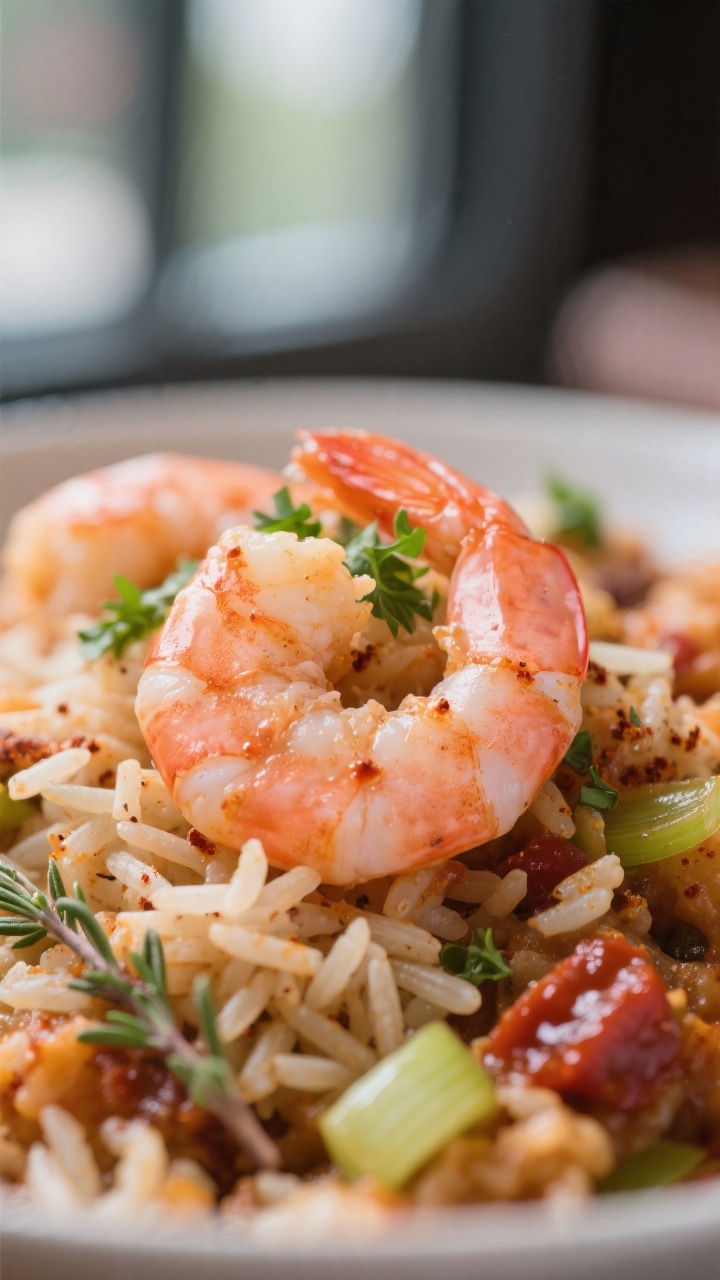Finish with shrimp detail: Macro shot of just-cooked shrimp nestled into the jambalaya, pink and gen