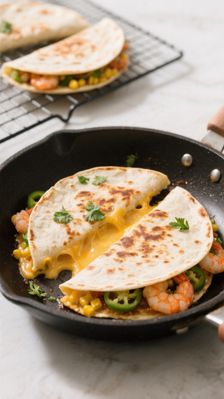 Overhead “assembly toasting” shot: Half-folded shrimp quesadilla in a dry skillet over medium he