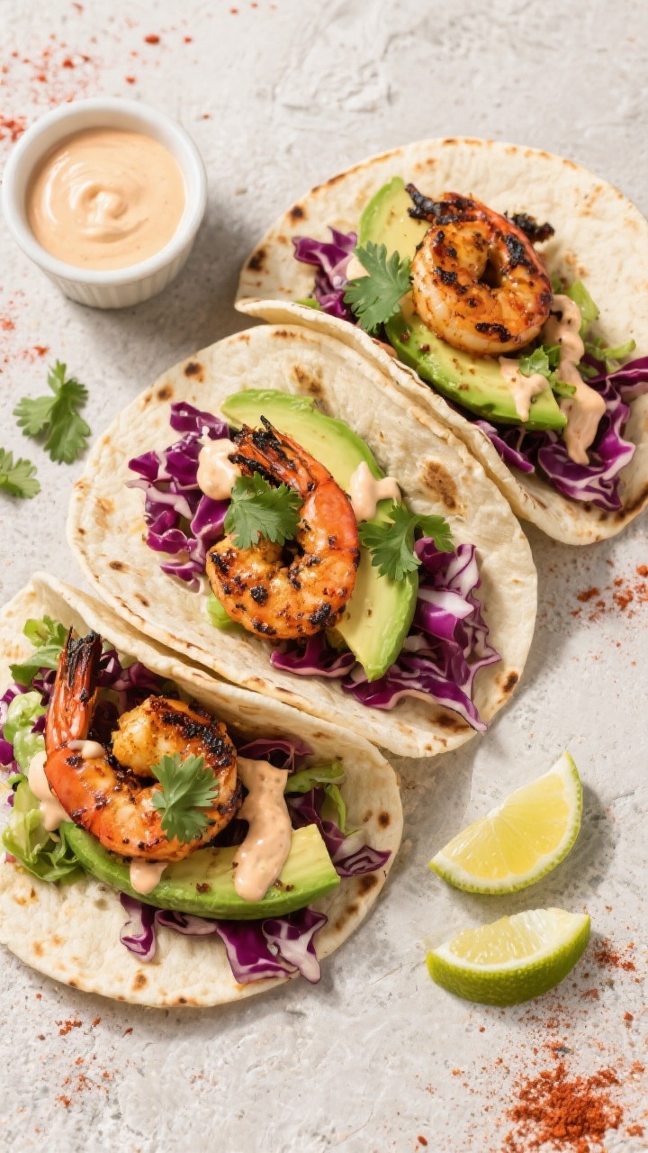 Overhead tasty top view for tacos: Three soft corn tortillas filled with blackened shrimp, shredded 