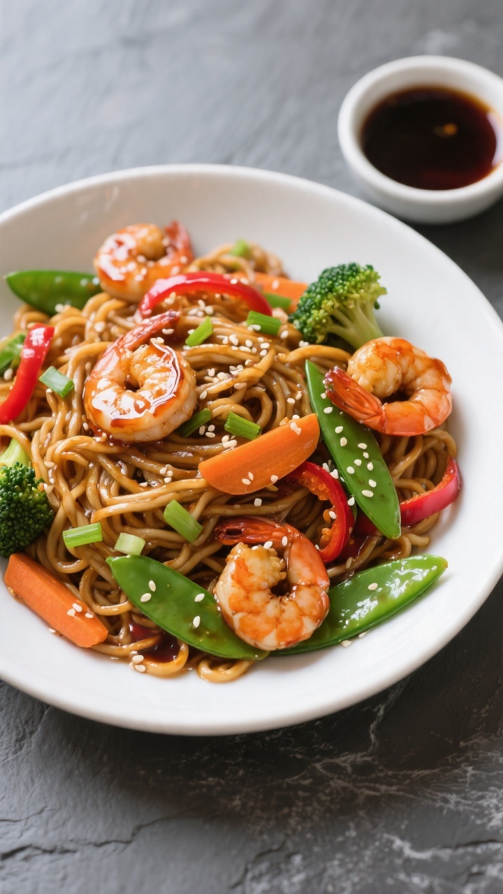 Overhead “tasty top view” noodle bowl: Top-down shot of teriyaki shrimp stir fry tossed with lo 