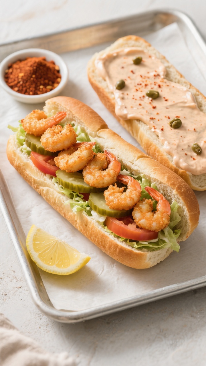 Overhead tasty top view: Open-faced Po’ Boy components ready to close—bottom half of toasted Fre