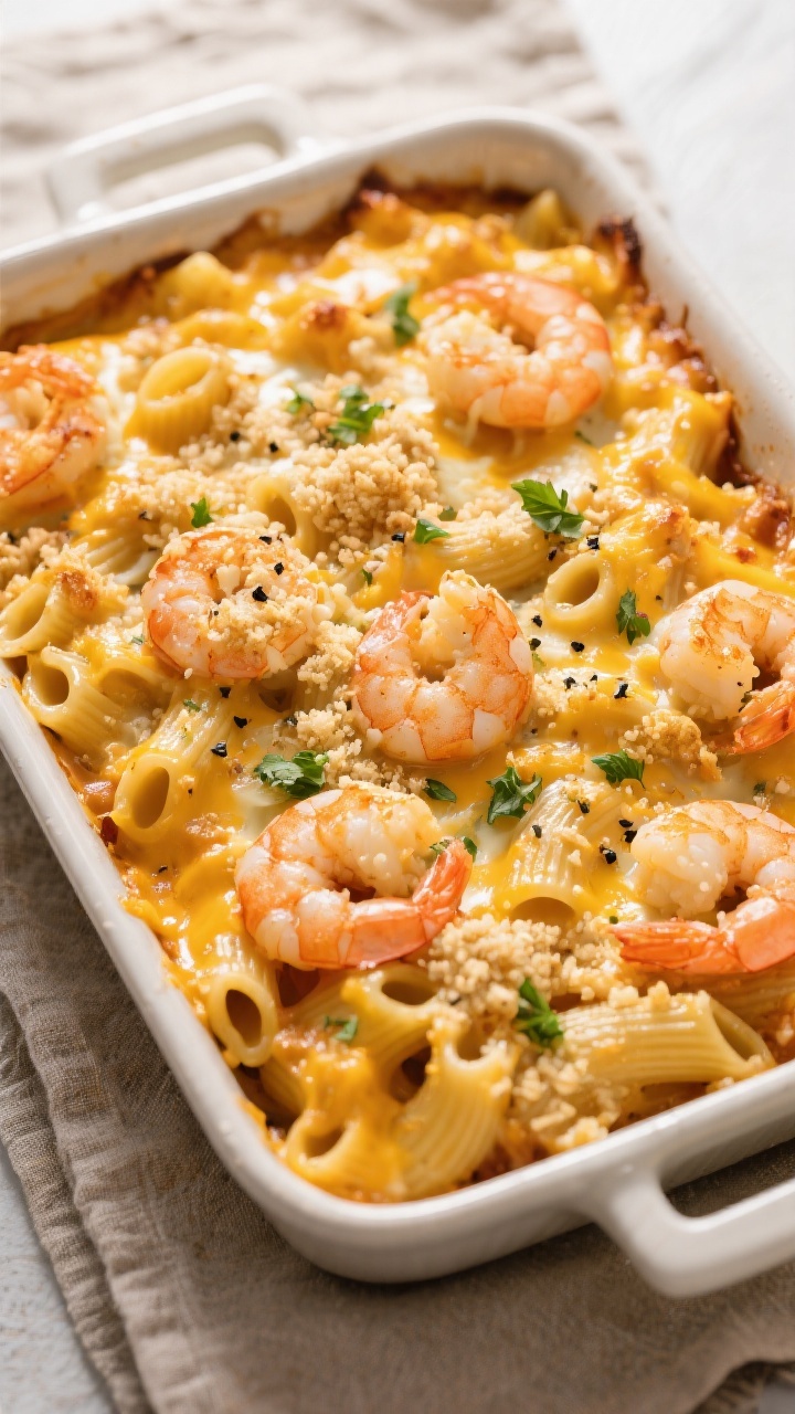 Overhead tasty top view: Shrimp mac and cheese in a buttered 9x13 baking dish just out from a quick 