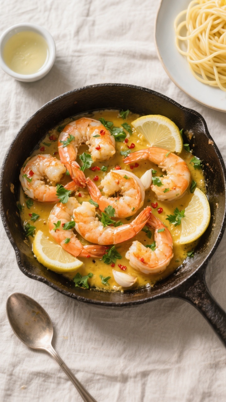 Overhead “tasty top view”: Top-down shot of garlic shrimp scampi served family-style in a shallo