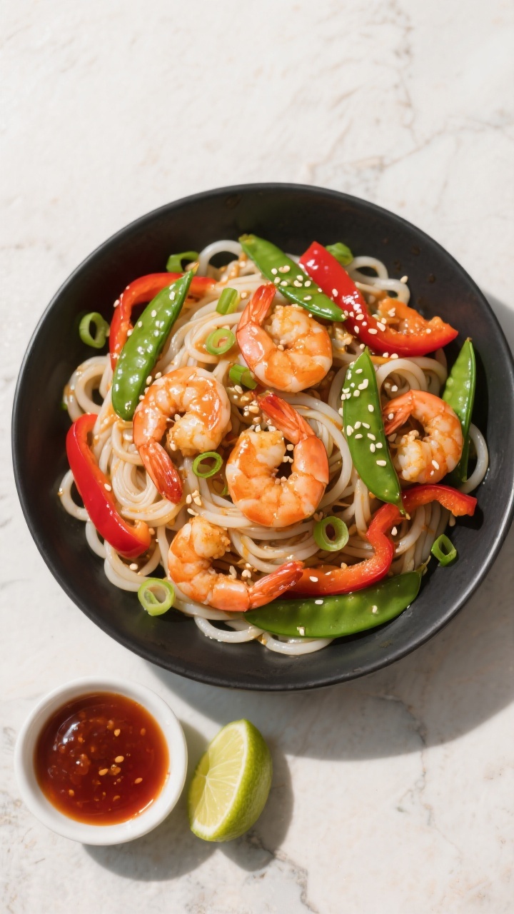 Overhead top view, noodle version: Overhead shot of Sweet Chili Shrimp tossed with rice noodles in a