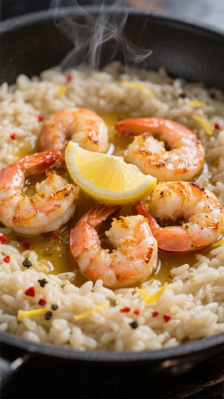 Searing shrimp detail: Golden-butter seared shrimp in the center well of a pan with risotto pushed t