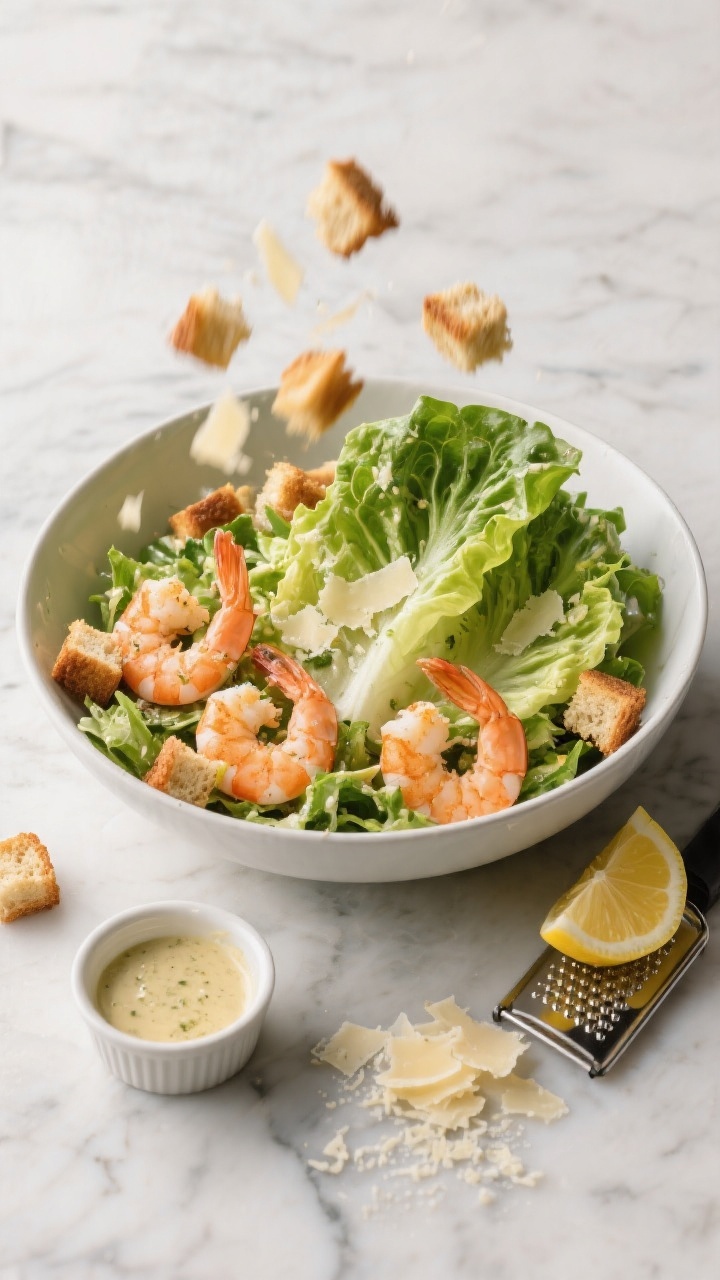 Tasty overhead shot: of a large salad bowl mid-toss—crisp dressed romaine, half the croutons and P