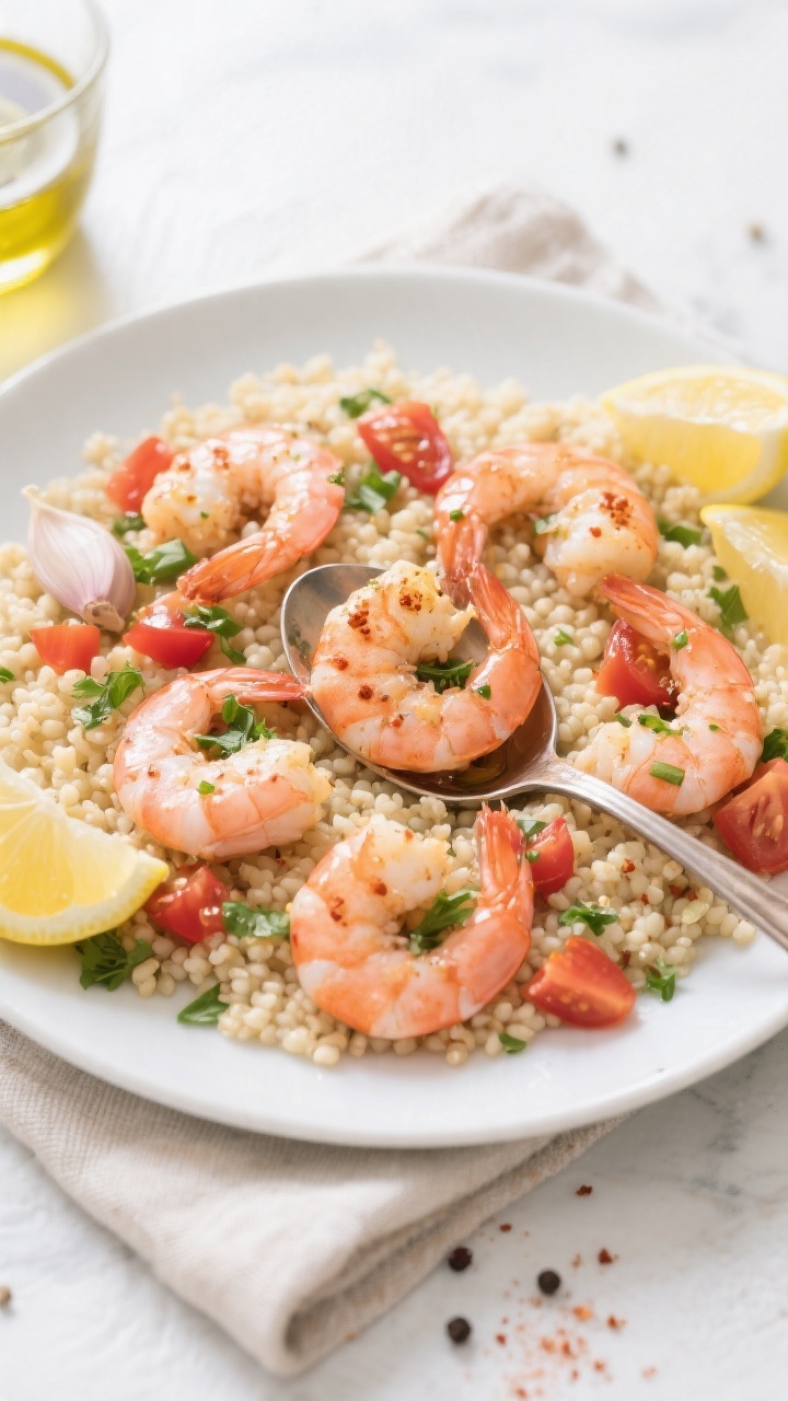 Tasty top-down serving scene: Overhead shot of garlic-lemon shrimp spooned over fluffy couscous, sho
