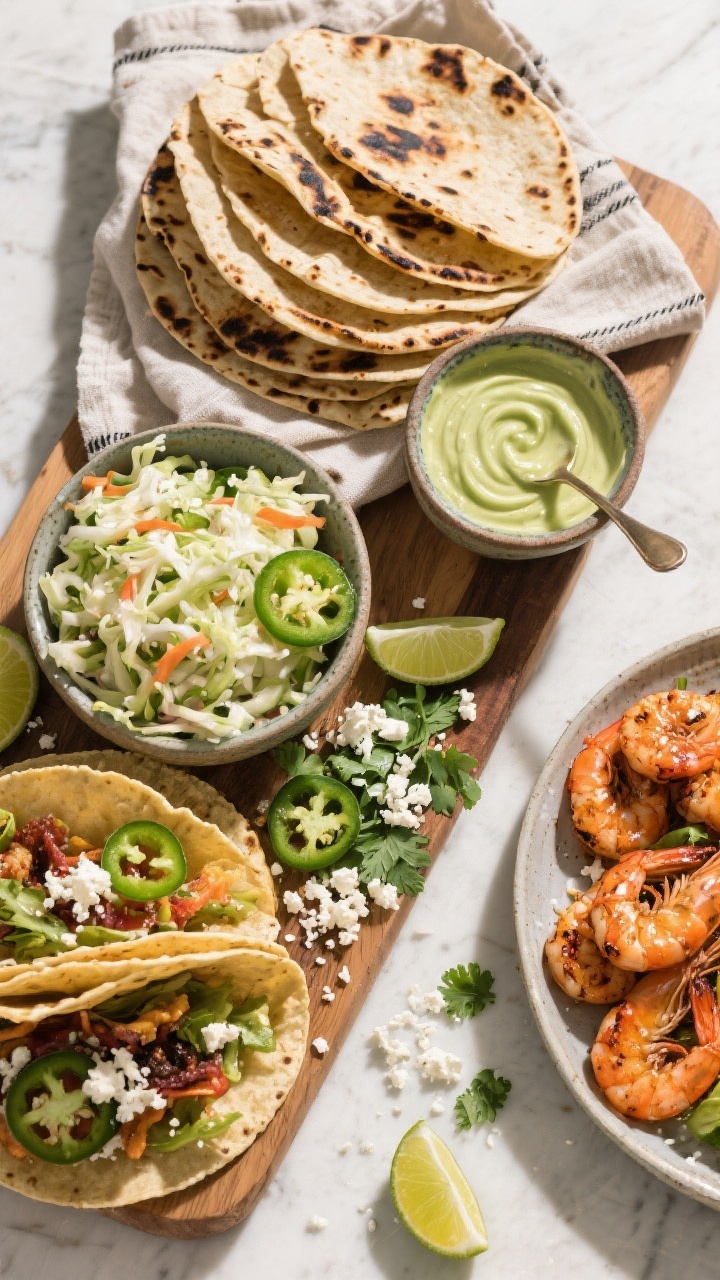 Tasty top-down spread: Overhead shot of a build-your-own shrimp taco board—pile of charred tortill