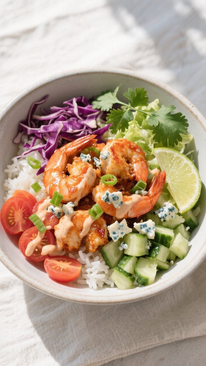 Tasty top view, assembled bowl: Overhead shot of a Buffalo Shrimp Bowl with a base of fluffy white r