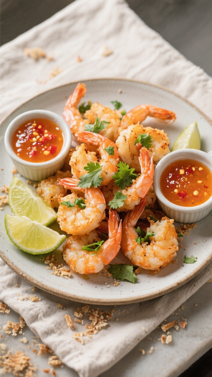 Tasty top view final plate: Overhead shot of a round ceramic plate piled with coconut shrimp, tails 