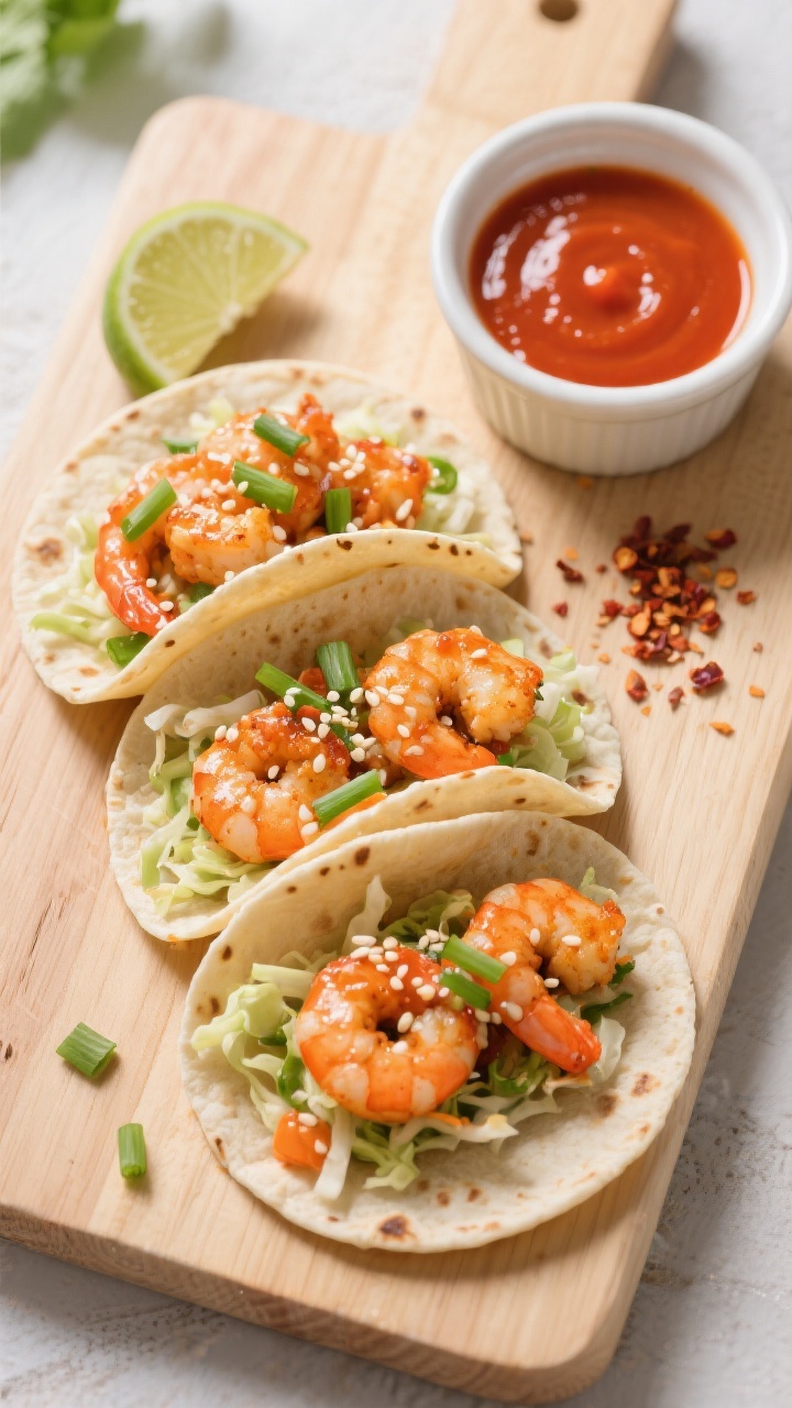 Tasty top view (overhead): Overhead shot of Bang Bang Shrimp tacos—three small tortillas lined wit