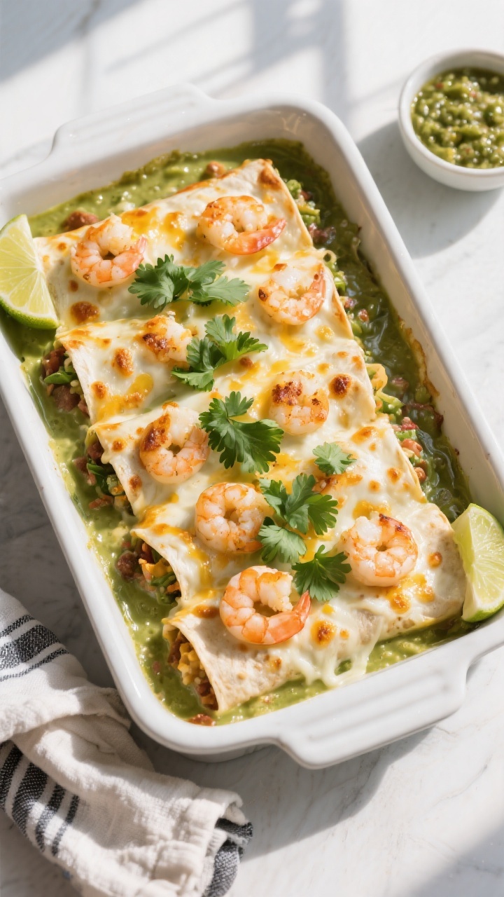 Tasty top view: Overhead shot of a 9x13 baking dish of shrimp enchiladas just out of the oven, chees