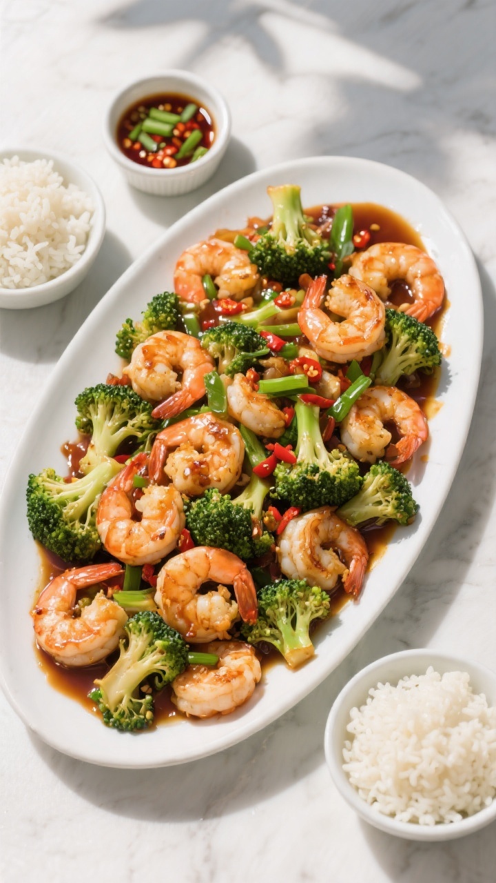 Tasty top view: Overhead shot of a family-style serving platter piled with shrimp and broccoli stir 