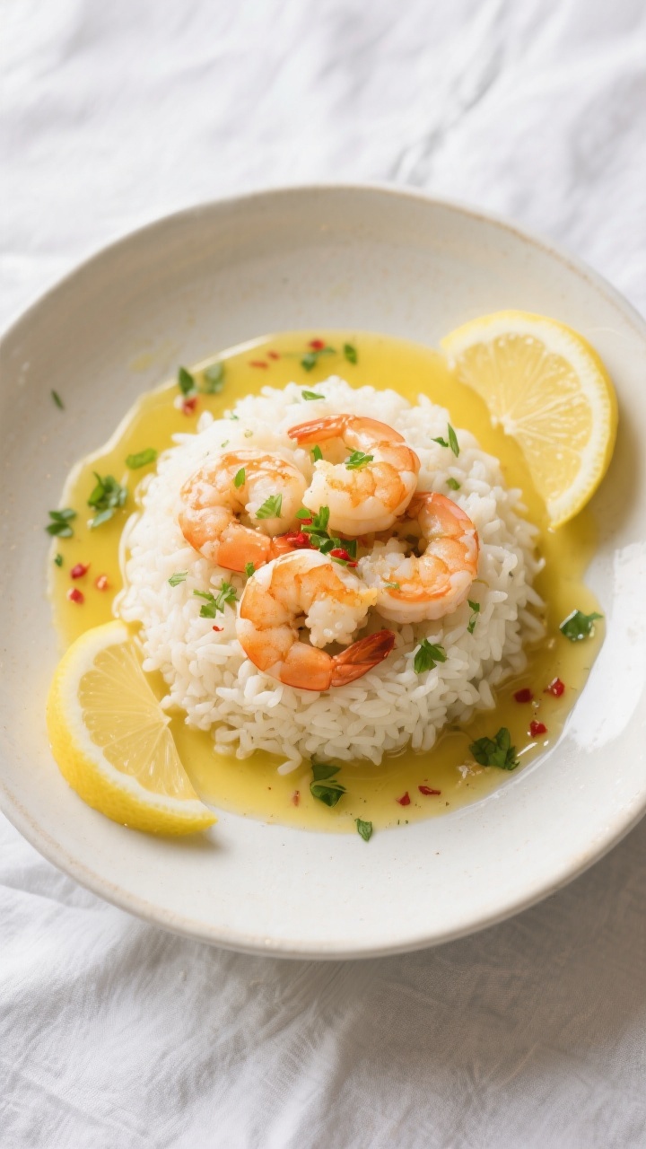 Tasty top view: Overhead shot of a wide, shallow bowl of Lemon Butter Shrimp with Rice, arranged in 