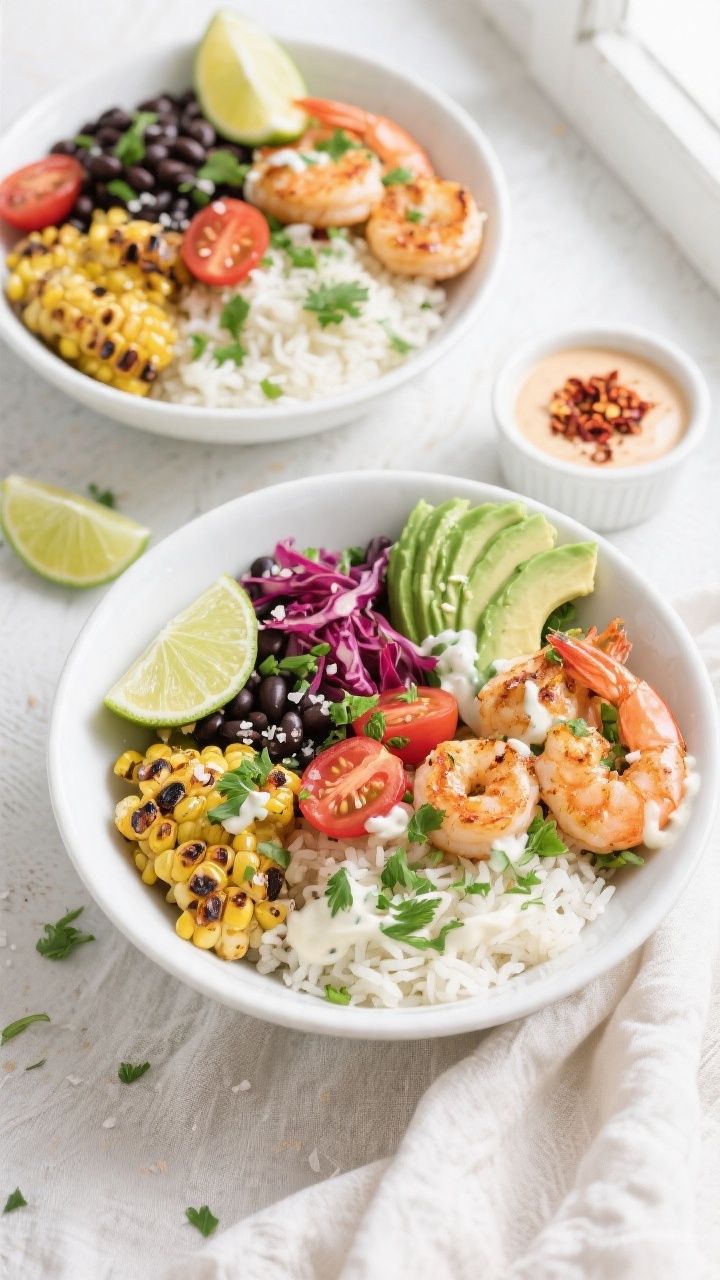 Tasty top view — Overhead shot of assembled Chili Lime Shrimp Bowls: cilantro-lime rice base swirl