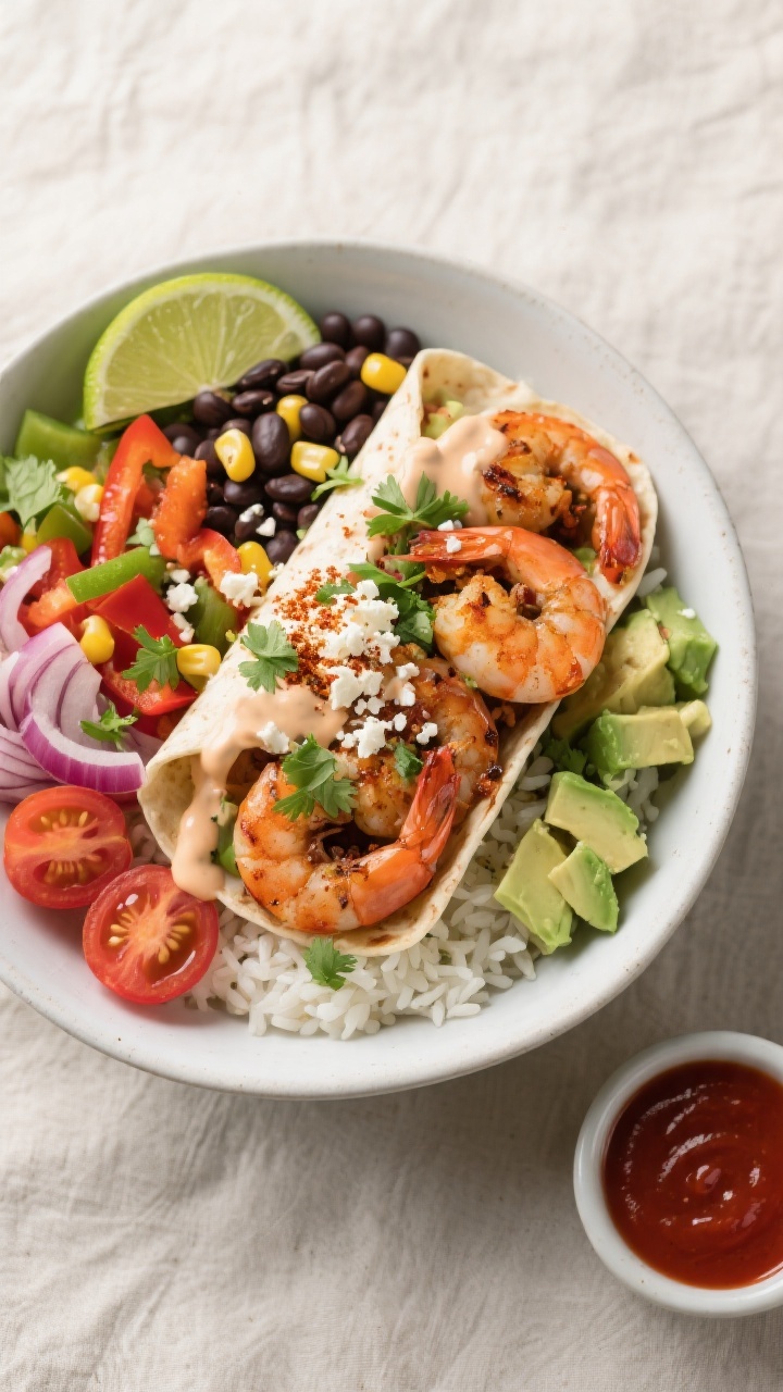 Tasty top view: Overhead shot of assembled shrimp burrito bowl on a matte white bowl—cilantro-lime