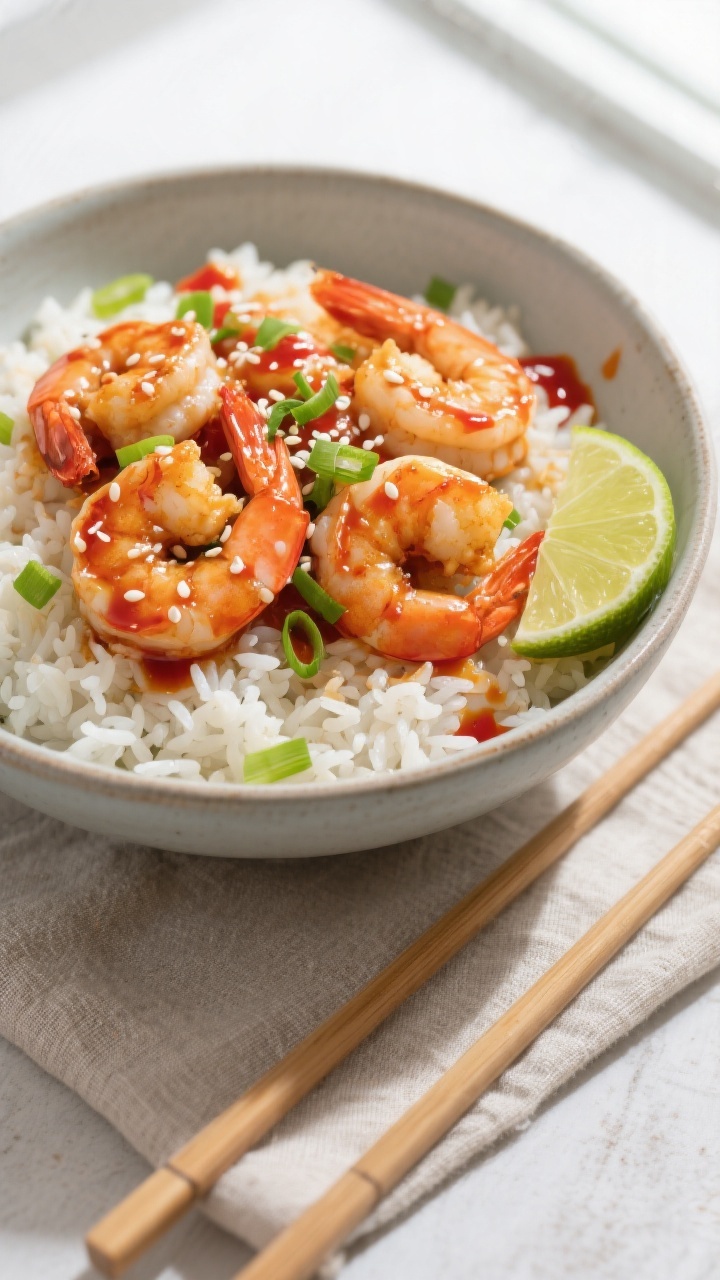 Tasty top view: Overhead shot of Honey Sriracha Shrimp rice bowl—steamed jasmine rice topped with 