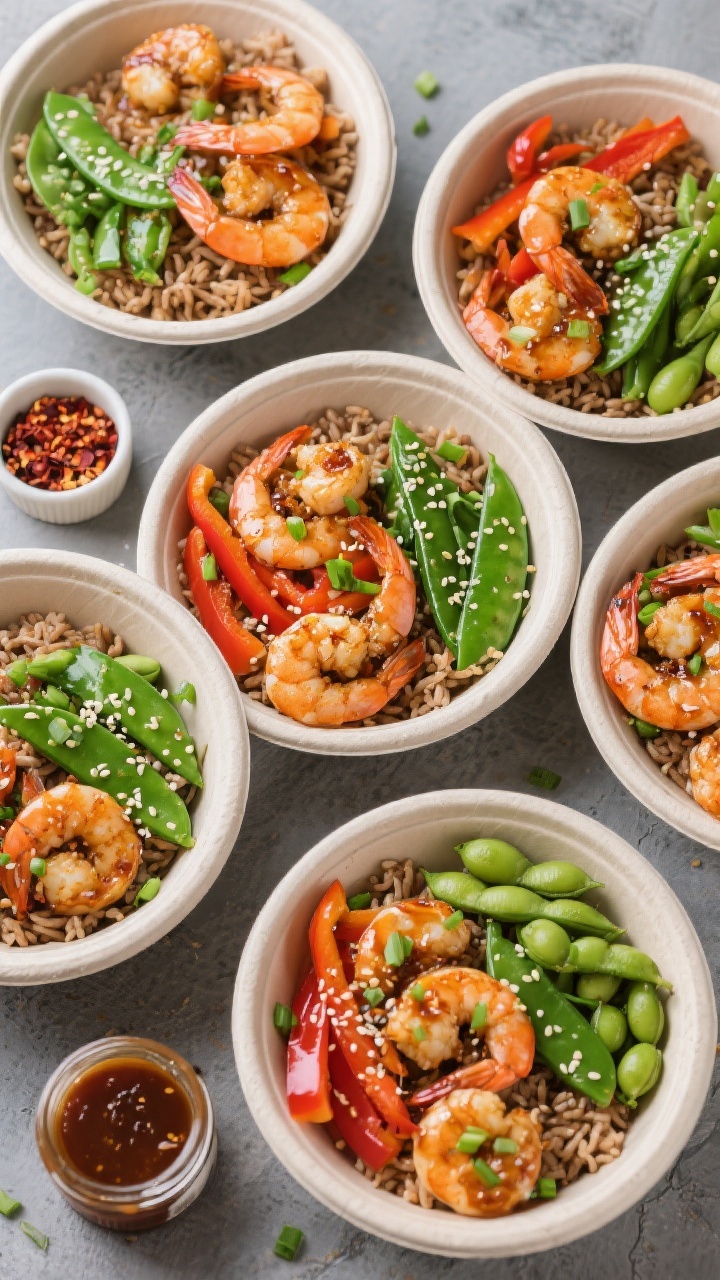 Tasty top view (overhead shot): Overhead composition of multiple meal-prep style bowls of Honey Garl