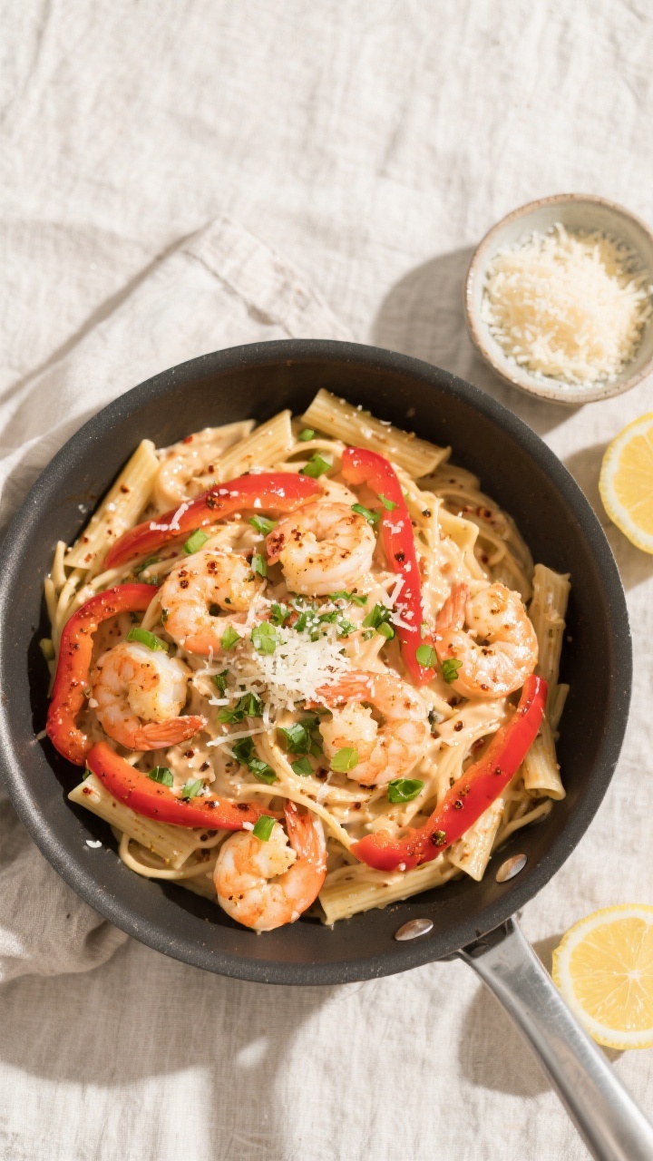 Tasty top view — overhead skillet toss: Overhead shot of the finished pasta tossed in the skillet 