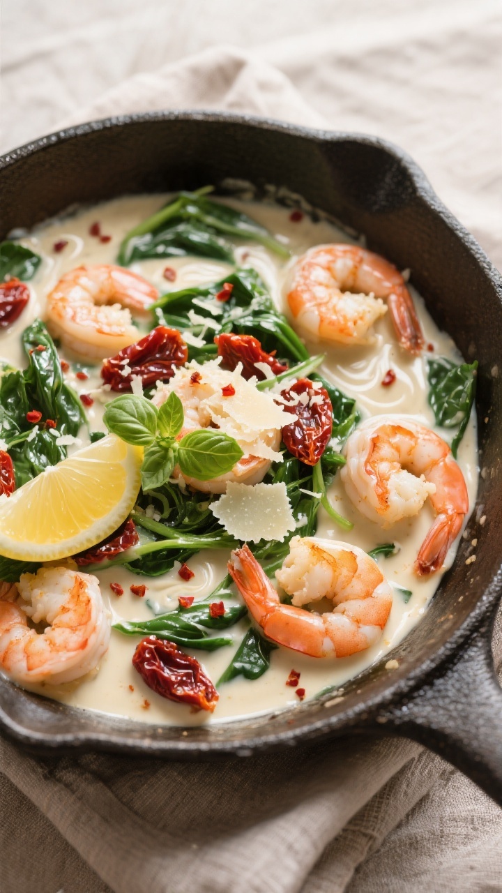 Tasty top view, saucy skillet moment: Overhead shot of Creamy Tuscan Shrimp in a skillet at a gentle
