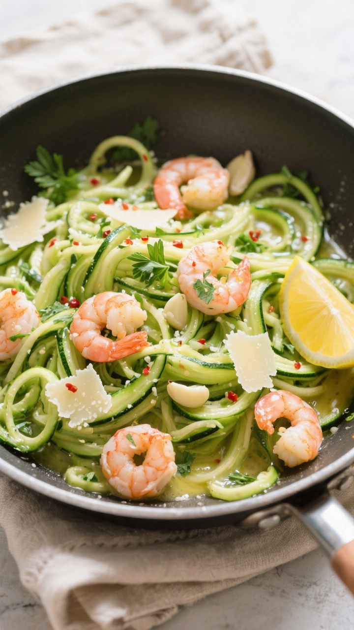 Tasty top view — Zoodles tossed in garlic-lemon butter: Overhead shot of bright green zucchini noo