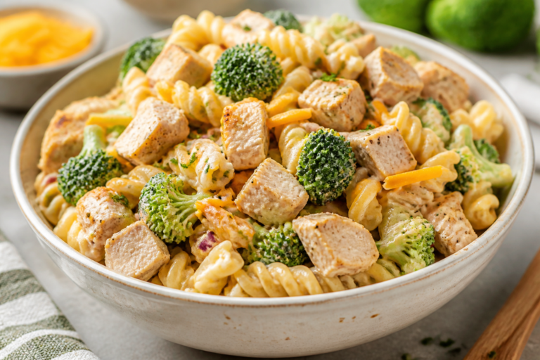 High Protein Chicken Broccoli Cheddar Pasta Salad – Creamy, Fresh, and Satisfying