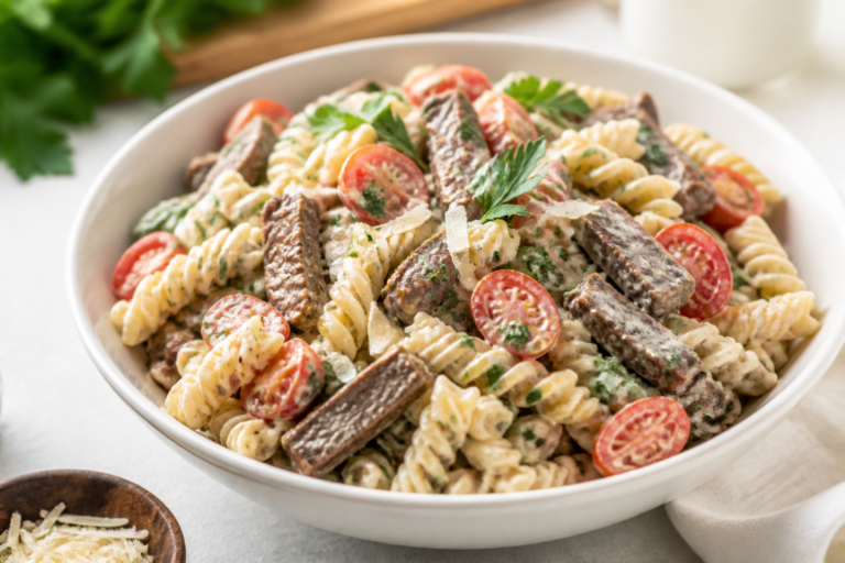 Creamy Garlic Parmesan Beef Pasta Salad – Comforting, Savory, and Surprisingly Fresh