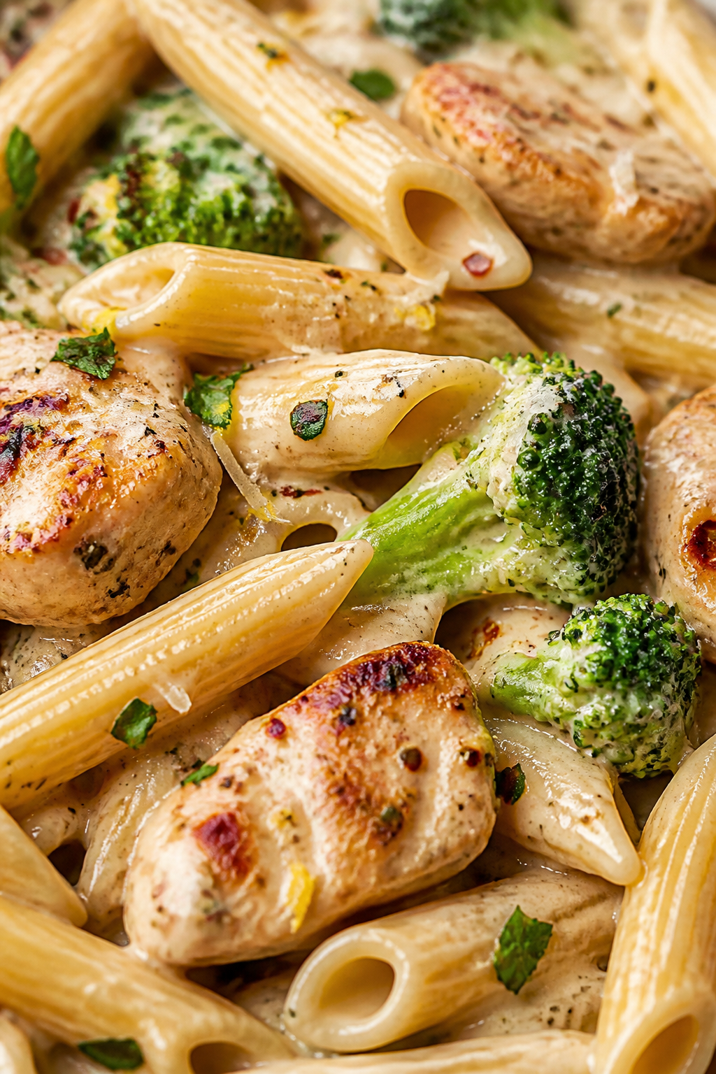 Close-up creamy finish: Ultra close-up of the pasta right after stirring in Parmesan and heavy cream