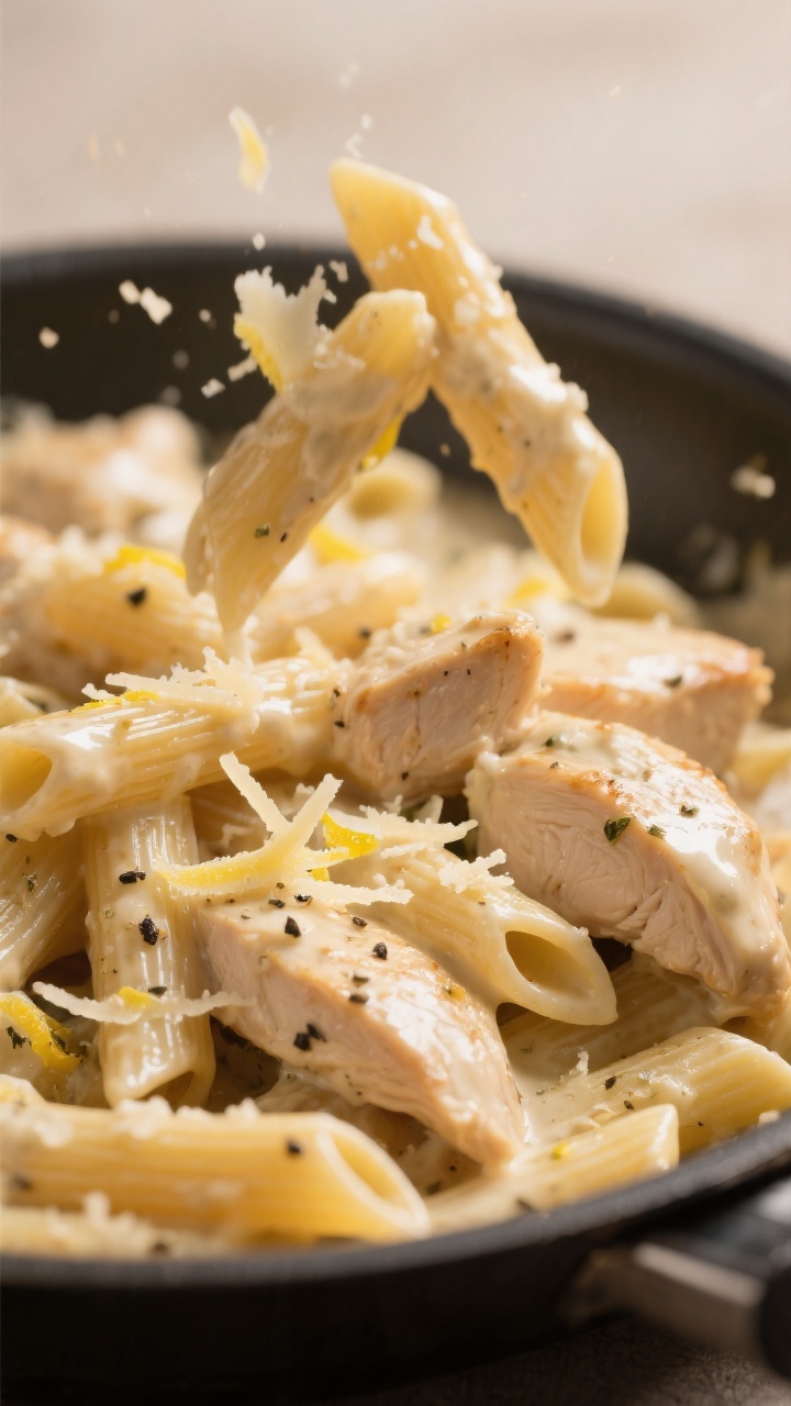 Close-up creamy sauce detail: Silky garlic-Parmesan sauce coating high-protein penne and tender chic