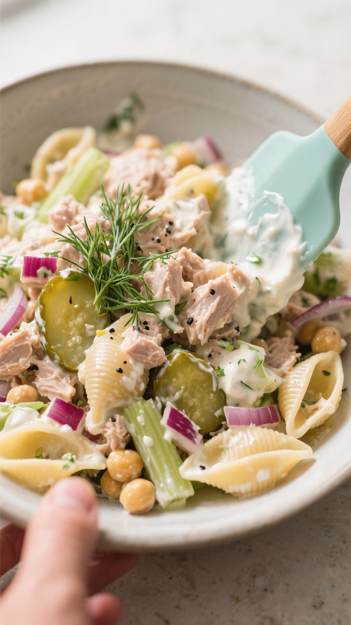 Close-up detail: A bowl of creamy tuna dill pickle protein pasta salad being gently folded together 