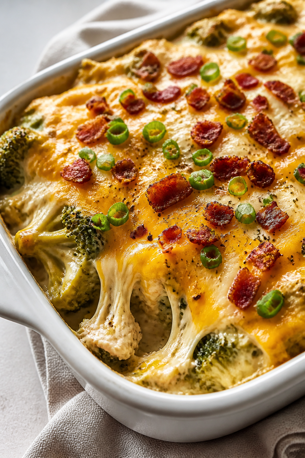 Close-up detail: A bubbling Crack Chicken Broccoli Casserole just out of the oven, cheese melted and