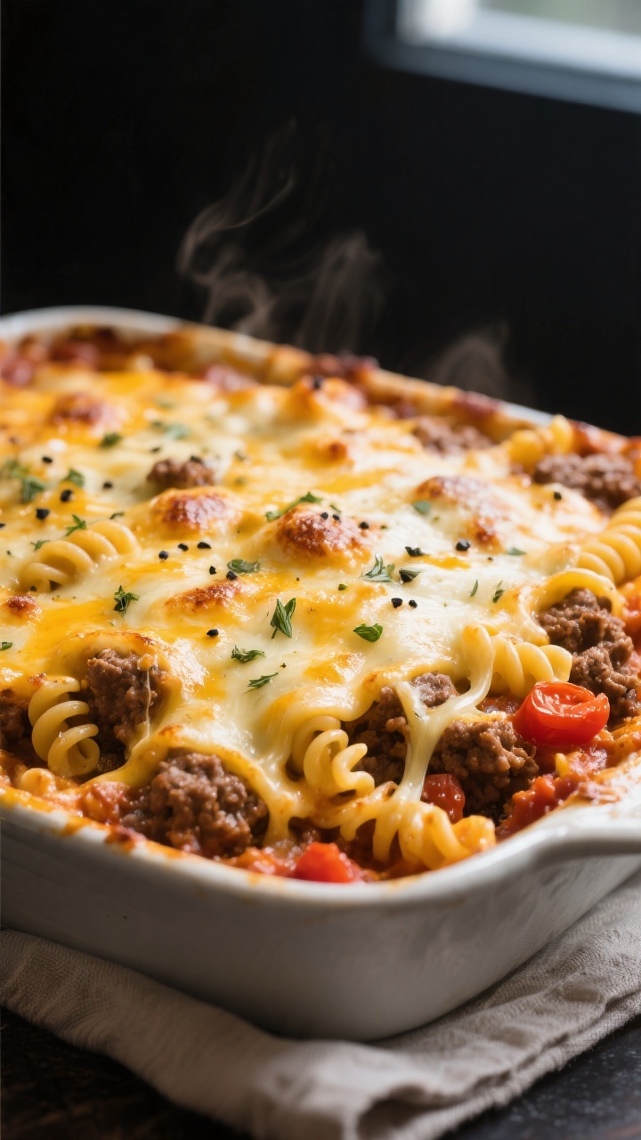 Close-up detail: A bubbling, just-out-of-the-oven cheesy ground beef casserole with a golden, lightl