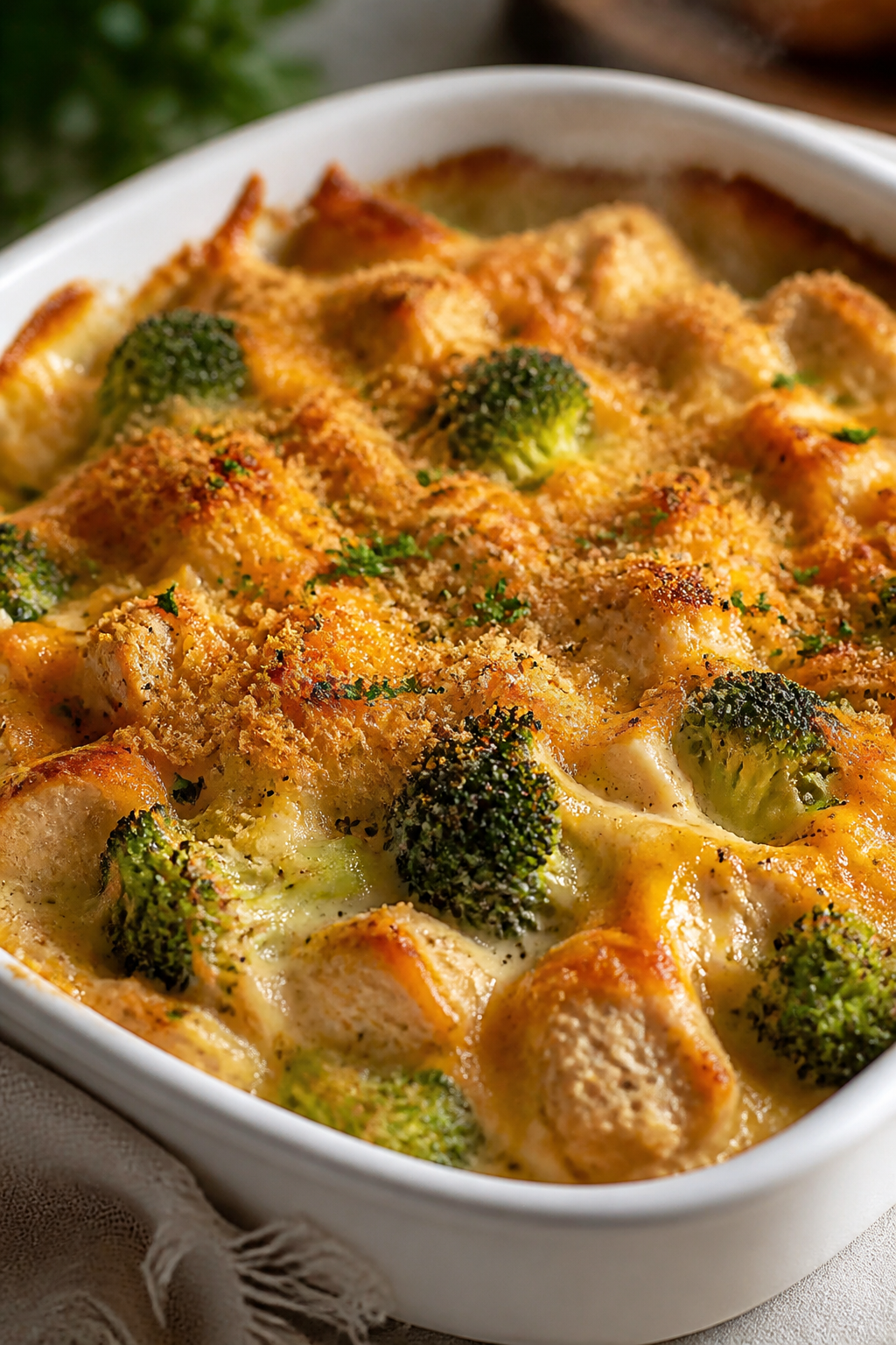 Close-up detail: A bubbling, just-out-of-the-oven Chicken Broccoli Bake with gooey, golden cheddar a