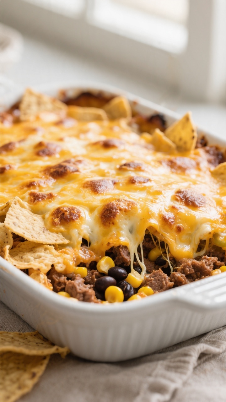 Close-up detail: A bubbling layer of melted cheddar and pepper jack on the Loaded Taco Casserole jus