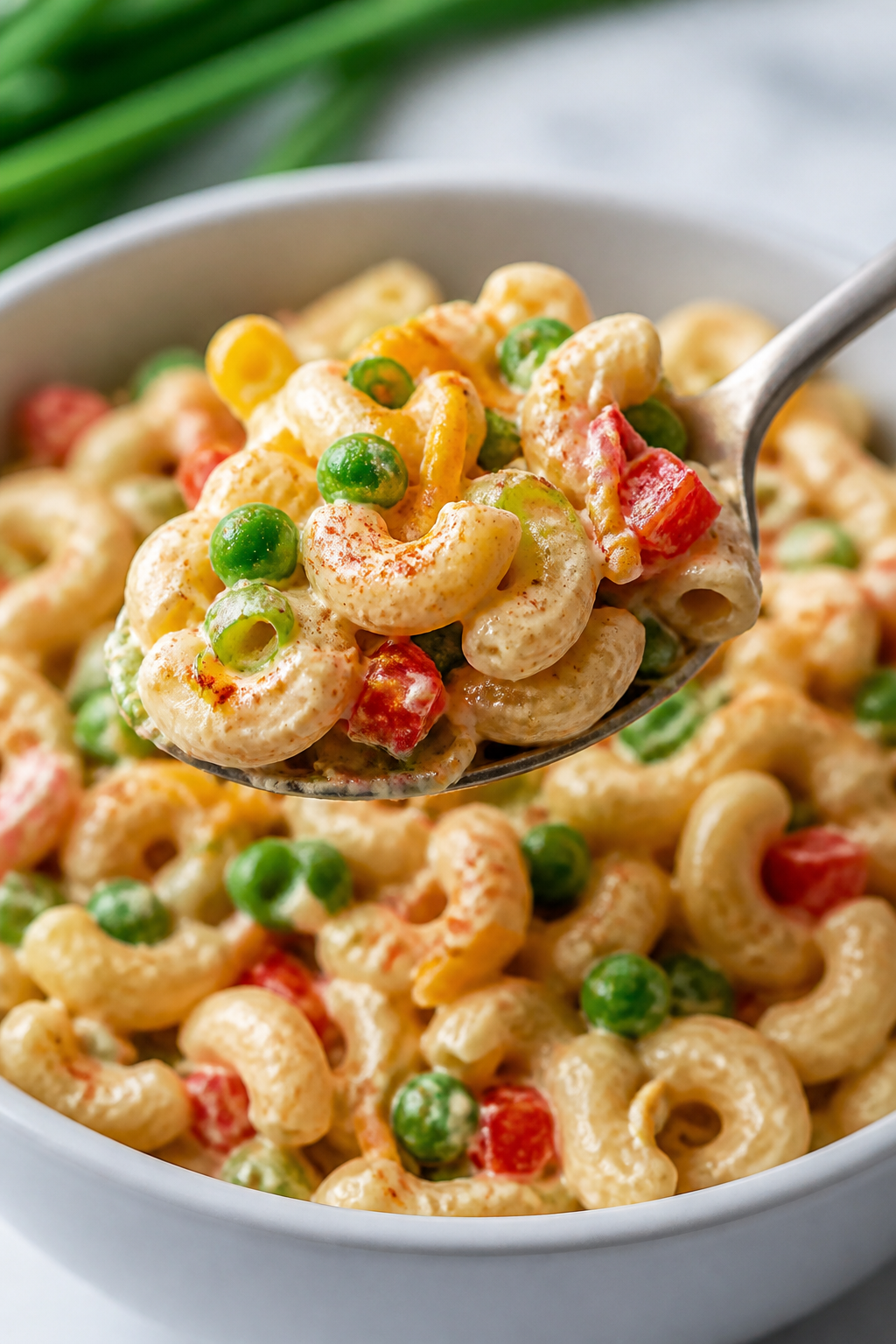 Close-up detail: A chilled scoop of high-protein mac and cheese pasta salad on a spoon hovering over