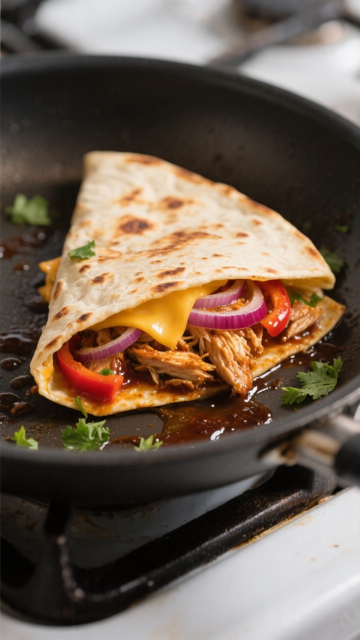Close-up detail: A folded BBQ chicken quesadilla sizzling in a nonstick skillet, golden-brown bliste
