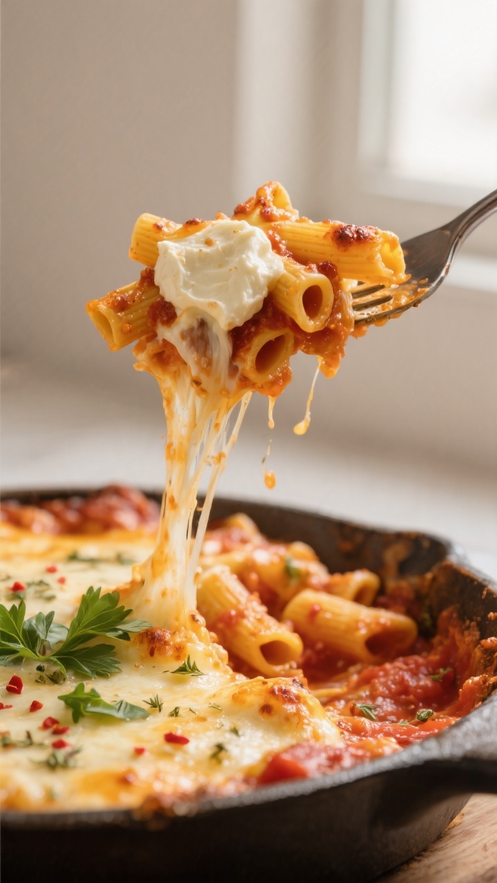 Close-up detail: A fork lifting a gooey strand-filled bite of cheesy baked ziti from the pan, showin