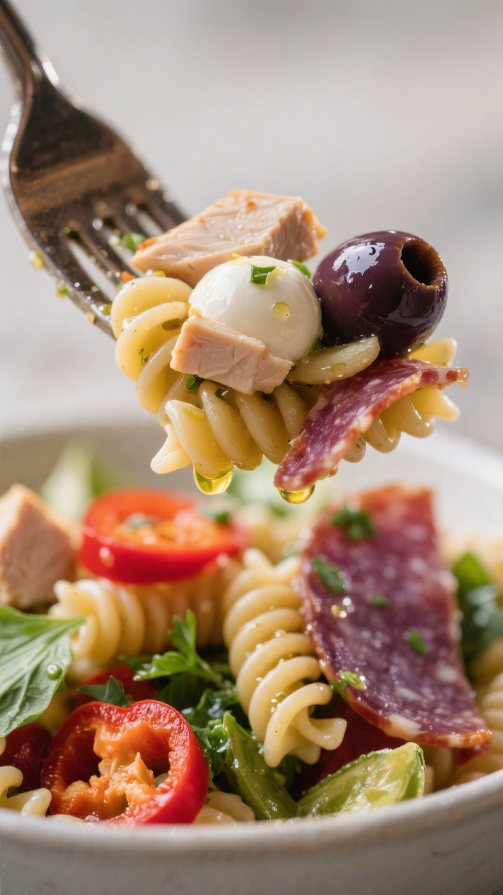 Close-up detail, : A glossy forkful of the finished High Protein Italian Antipasto Pasta Salad lifte