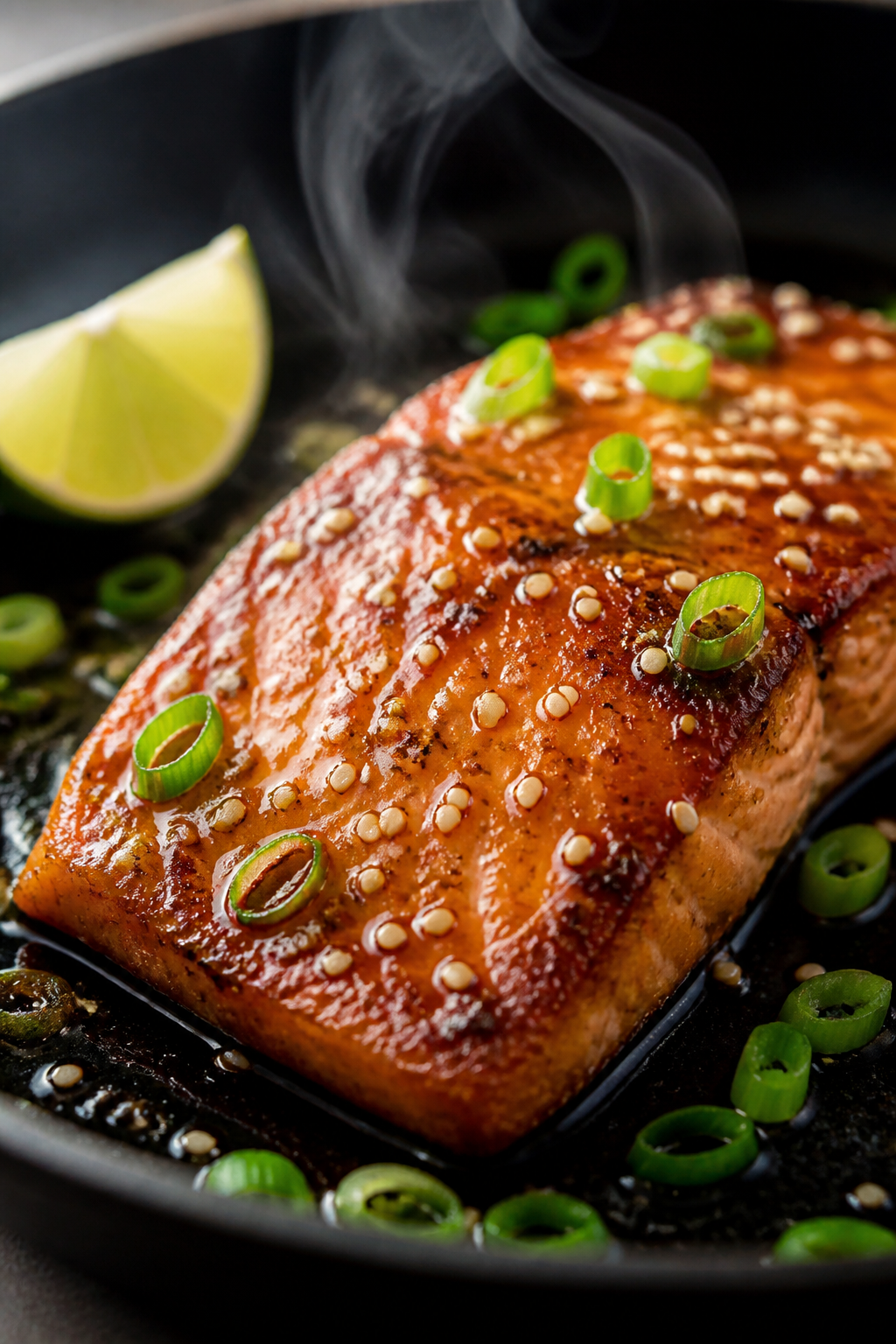 Close-up detail: A glossy, sticky sesame glazed salmon fillet just finished in the pan, glaze bubbli